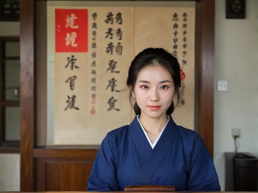 一位年轻女性身着时尚休闲装,背对镜头,漫步在充满艺术气息的城市小巷中,阳光洒下,充满探索欲