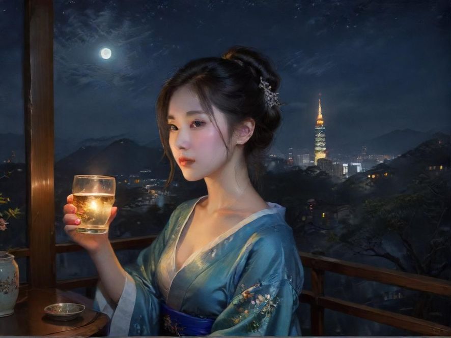 两位亚洲女性在广州珠江迷人的夜景前举杯庆祝,背景是灯火辉煌的城市天际线,从高空俯瞰,展现出一种梦幻般的都市浪漫氛围。