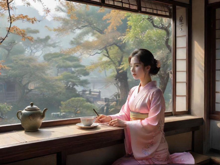 一位气质优雅的都市女性,在光线柔和的高端茶室里,享受着精致的下午茶,背景是窗外若隐若现的城市风景。