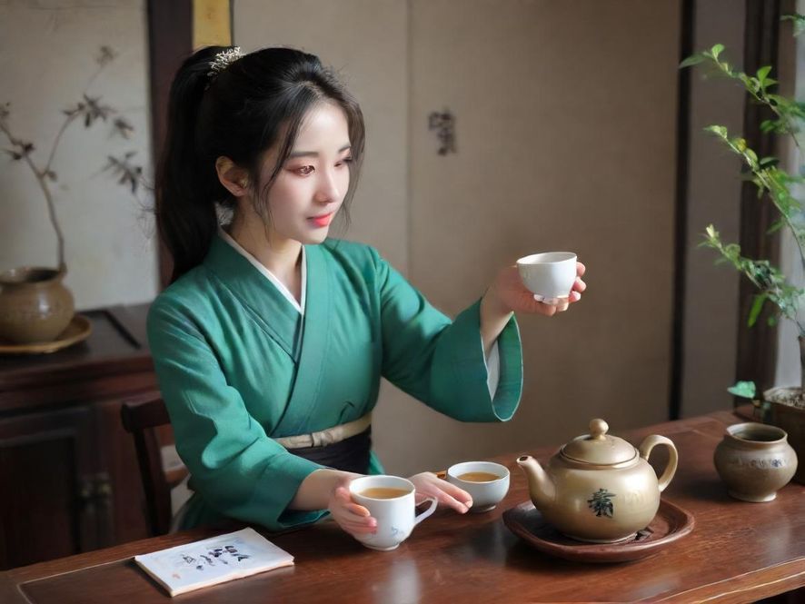 一位优雅女性在精致茶室中品尝香茗，神态安然，背景雅致