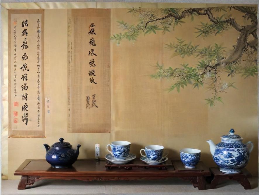 一间布置温馨雅致的茶室,柔和的灯光洒落在精致的茶具上,营造出宁静的品茗氛围