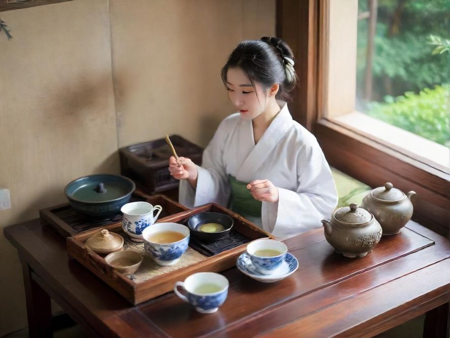 一位气质优雅的女士在成都雅致茶室中,轻柔地端起茶杯,沉浸在品茶的宁静瞬间。