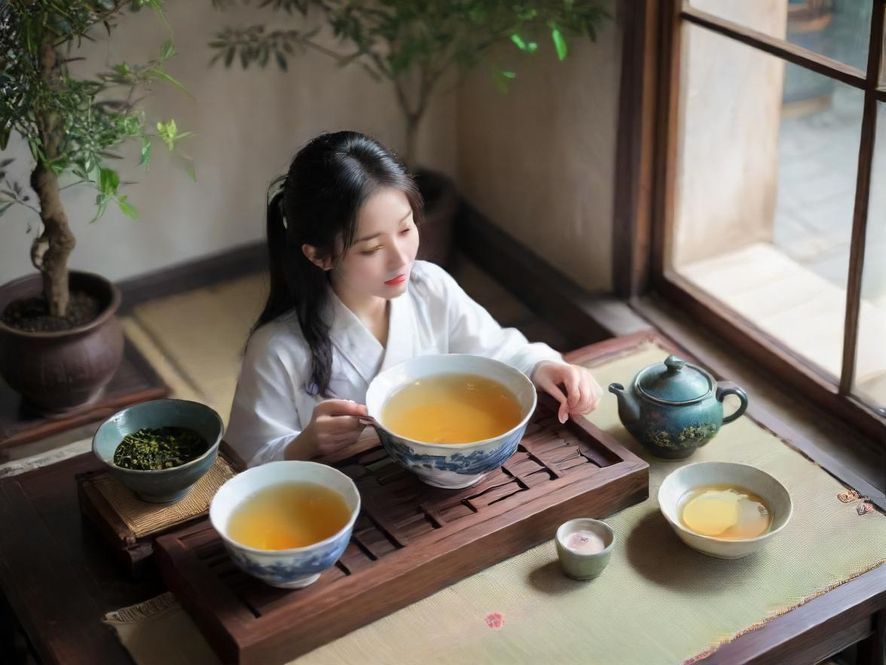 一位身着优雅旗袍的女士在温馨茶室中品鉴新茶