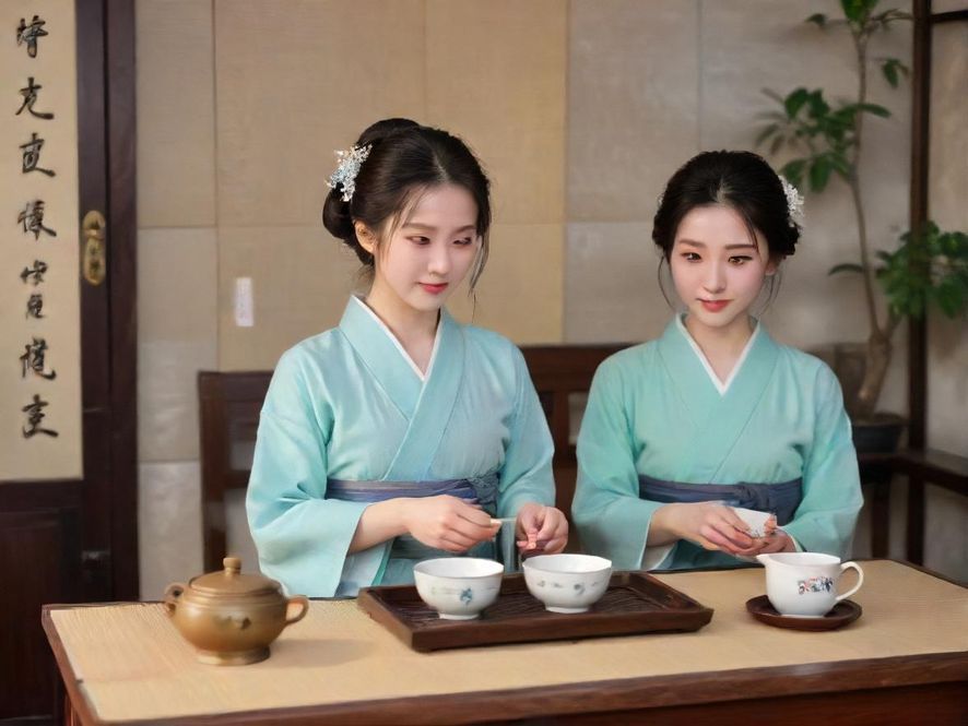 一位气质优雅的女性在广州一间古典中式茶室中,与一位专注的茶艺师(技师)共同品茶,柔和的灯光映照出温馨宁静的氛围,展现了私享品茗的惬意场景。