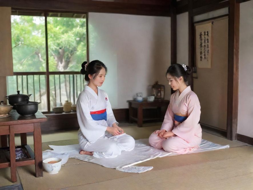 一位身着传统服饰的江南女子,在典雅的茶室中,气质从容,眼神中流露出岁月的沉淀与智慧。