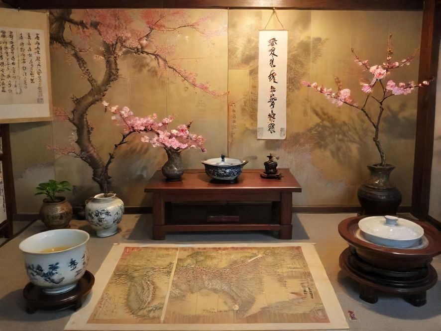 一间布置雅致的高端茶室内部，光线柔和，细节考究，茶具精美，营造出一种静谧而奢华的休闲氛围，适合品茗或私密会谈。