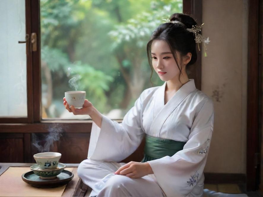 一位温柔亲切的女性侍者,面带微笑,在雅致的茶室中为客人递送茶水。